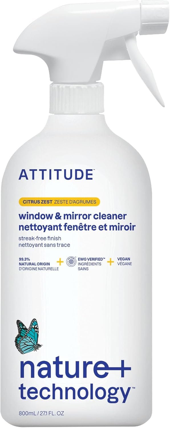 ATTITUDE Window and Mirror Cleaner, EWG Verified, Plant- and Mineral-Based Ingredients, Vegan and Cruelty-free Household Products, Citrus Zest, 27.1 Fl Oz