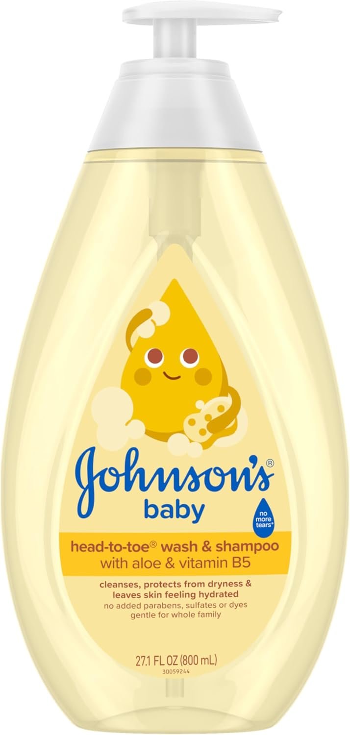 Johnson’s Baby Head-To-Toe Baby Wash & Shampoo + Aloe & Vitamin B5, 2-in-1 Bath Wash Gently Cleanses Newborn’s Delicate Skin & Hair, Hypoallergenic, No Added Parabens, Dyes & Sulfates, 27.1 fl. oz