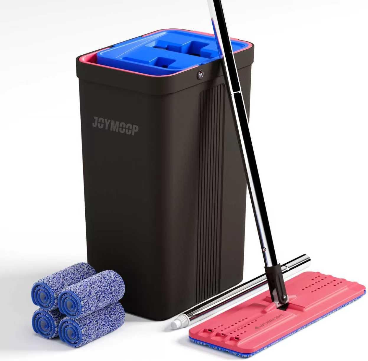 JOYMOOP Mop and Bucket with Wringer Set, Hands Free Flat Floor Mop and Bucket, with 4 Washable Microfiber Pads, Wet and Dry Use, Floor Cleaning System – Black+Red+Slate Blue