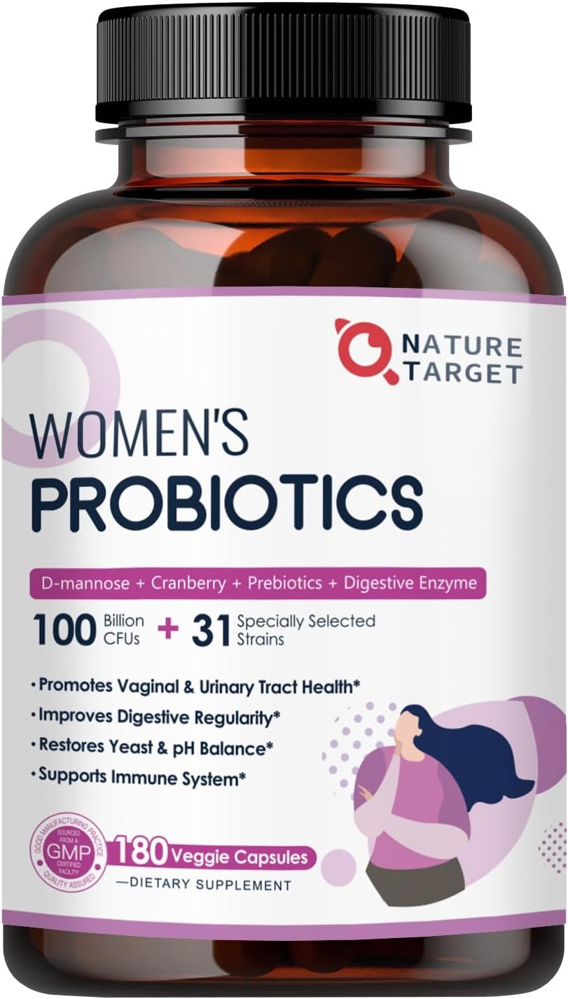 NATURE TARGET Probiotics for Women, 100 Billion CFUs Probiotic with Digestive Enzymes & Prebiotics, Vaginal Probiotics with Cranberry for Urinary Tract Health, pH Balance, 180 Veggie Capsules