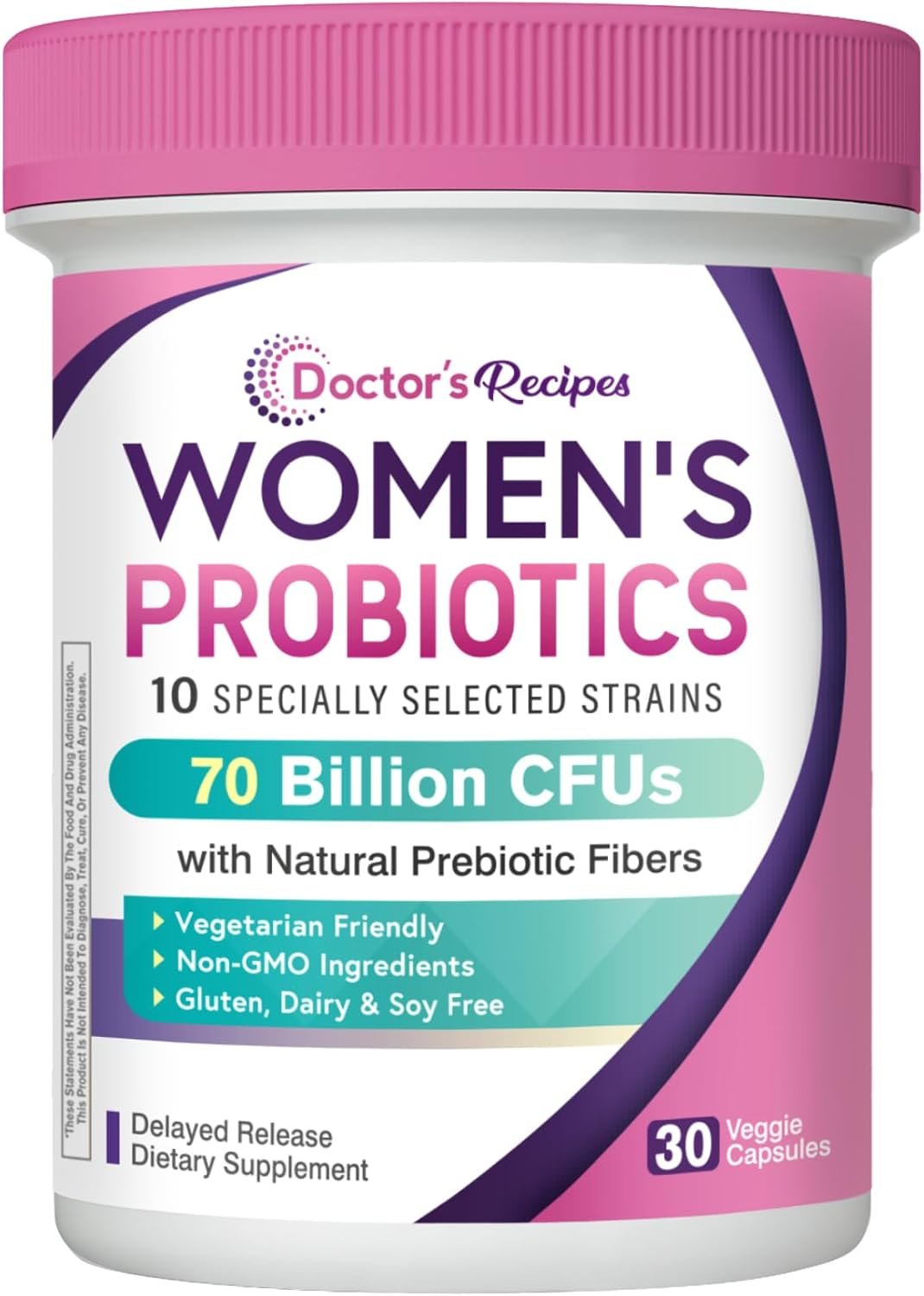 Doctor’s Recipes Probiotics for Women, Organic Prebiotics and Probiotics, 70 Billion CFU, 10 Strains, Shelf Stable, 30 Capsules
