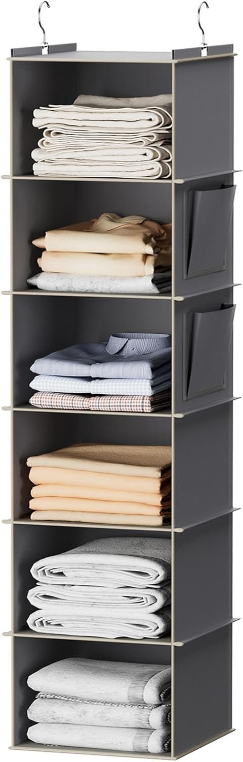 YOUDENOVA Hanging Closet Organizer and Storage, 6-Shelf Closet Hanging Storage Shelves, Grey
