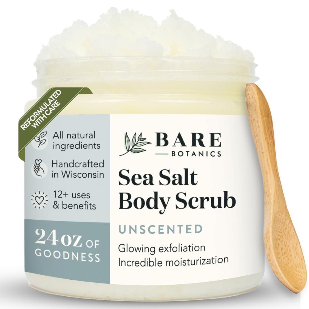 Bare Botanics Unscented Body Scrub 24 oz – Naturally Scented Sea Salt Scrub Made in Madison, WI – Formulated w/Skin Loving Moisturizers – Vegan, Cruelty Free Exfoliator w/a Cute Wooden Spoon