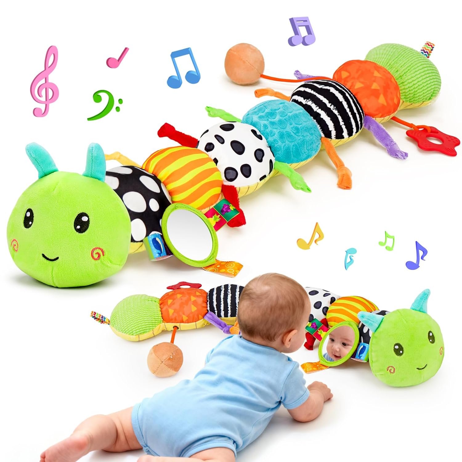 Baby Sensory Toy 0-6 Month Music Animal Stuffed Plush Caterpillar Toy for Infant 0-3-6-12 Month Old Tummy Time with Baby Mirror Crinkle Rattle Carseat Toys for Newborn Boys Girl Shower Gifts