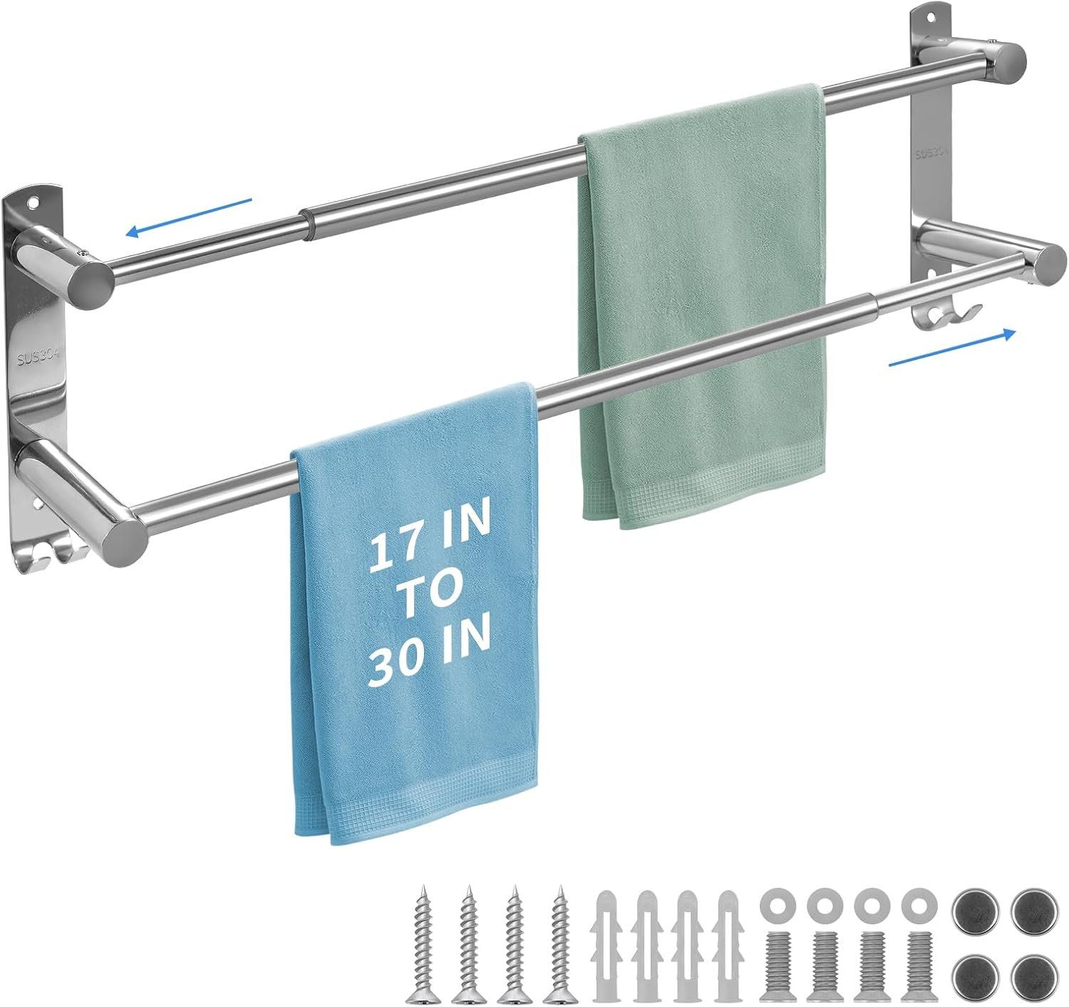 Double Towel Bar, Stainless Steel Adjustable 16 to 28In Double Towel Racks for Bathroom, Double Bath Towel Bar,Applicable to Bathrooms and Kitchens