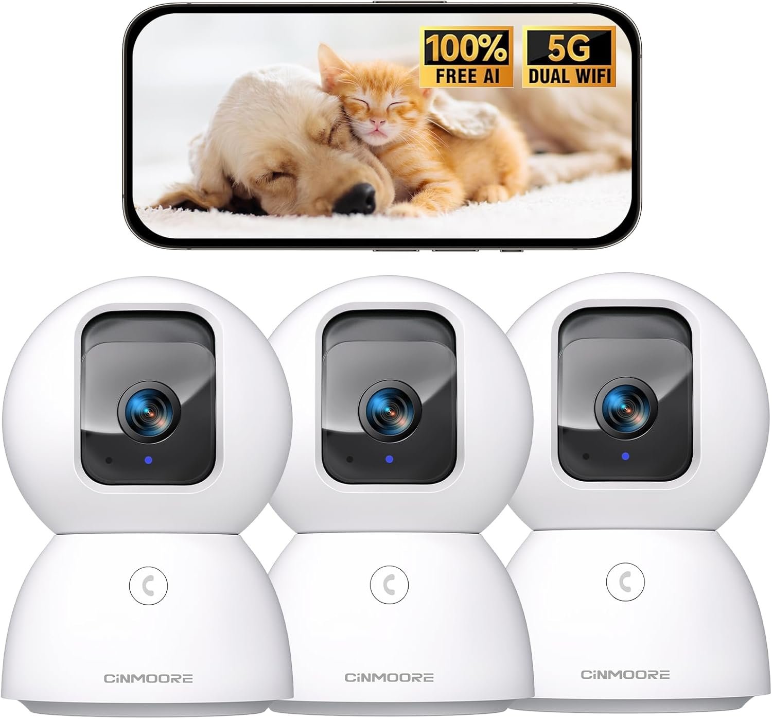 5G Security Camera Indoor 3-Pack, No-Monthly-Fee AI Tracking Facial Recognition, 3K Pet/Dog Camera with Speaker/Phone App, PTZ WiFi Baby Monitor Cameras for Home Security, 0-Glow Night Vision