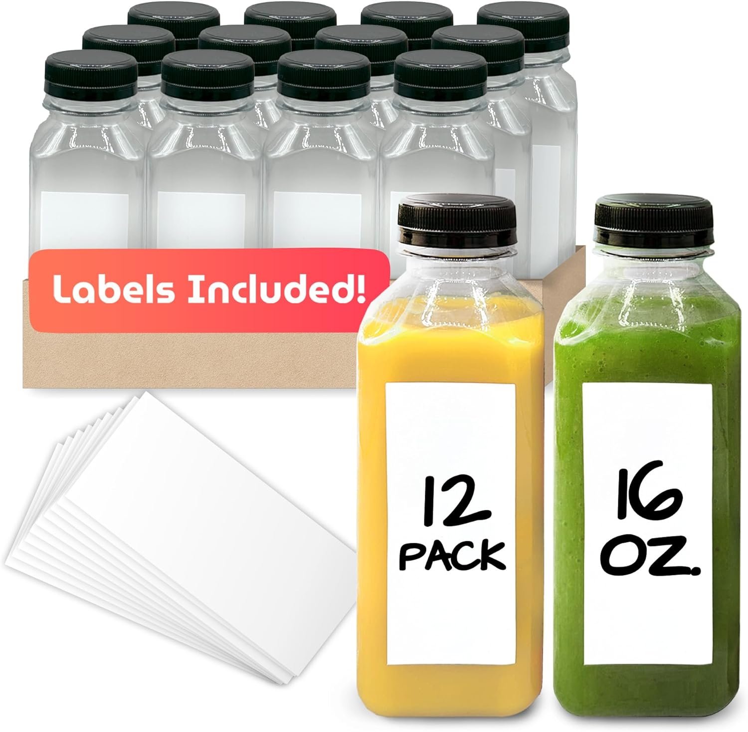 Reli. Plastic Juice Bottles [12 Pack] [16 oz] Square 16 oz Plastic Bottles with Caps & Sticker Labels | Clear, Empty for Drinks 16oz | Disposable, Reusable Containers for Juicing, Smoothies
