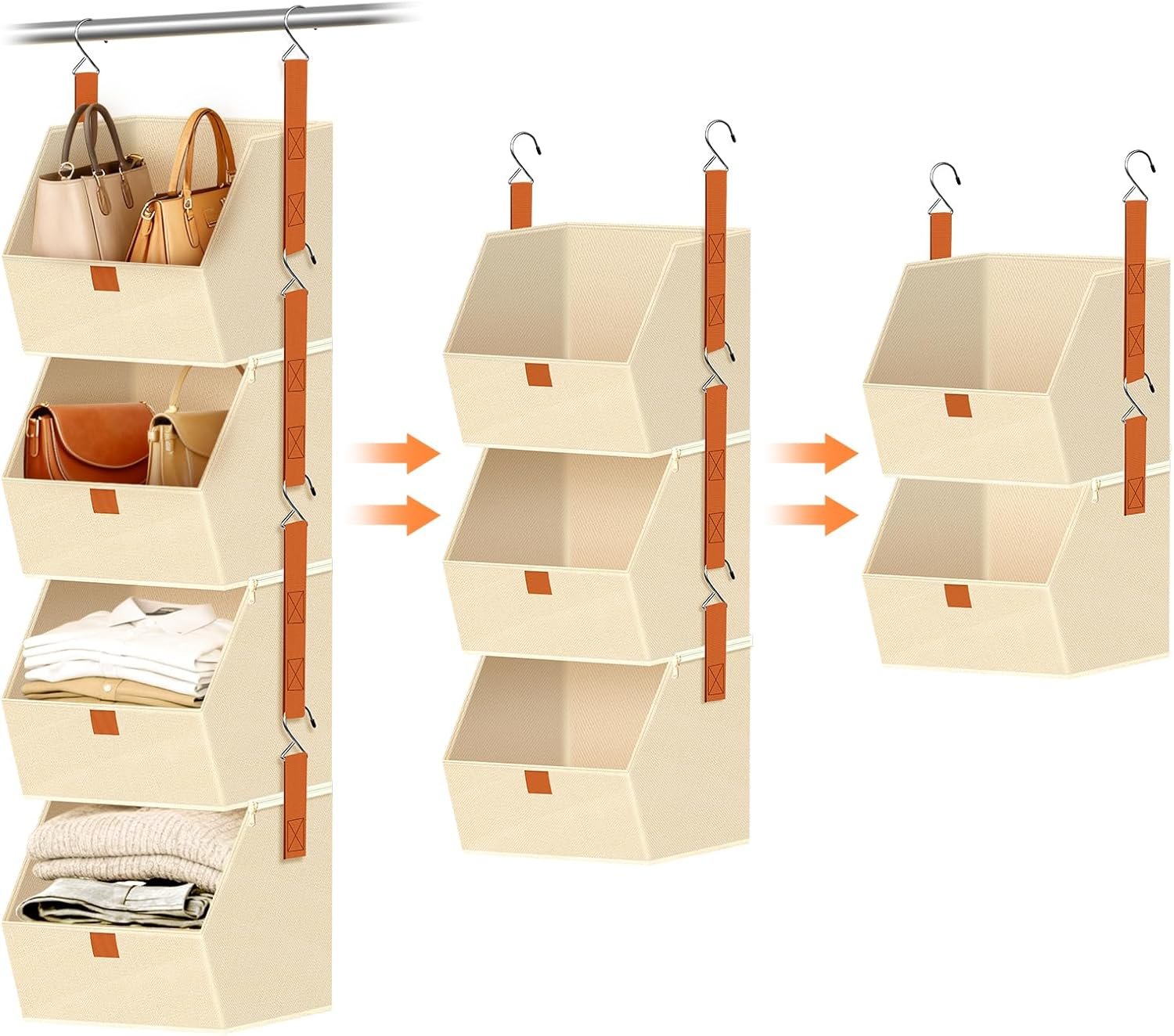 4-Tier Hanging Closet Organizer and Storage with Detachable Bins, Fabric Hanging Shelves for Closet, Dorm, Rv, Space-Saving Collapsible Basket for Handbags, Clothes (47” H)​