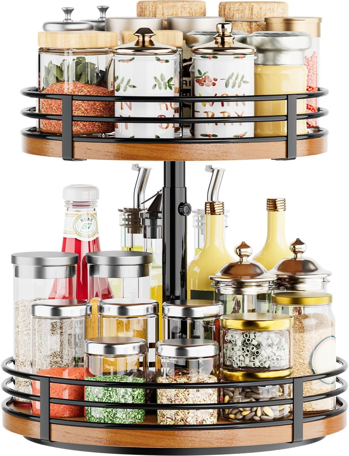 Lazy Susan Turntable Organizer Adjustable – 2 Tier Wood Rotating Spice Rack 12 Inch Lazy Susan for Kitchen Countertop Cabinet Pantry Cupboard Dining Table Bathroom Coffee Bar Home Storage