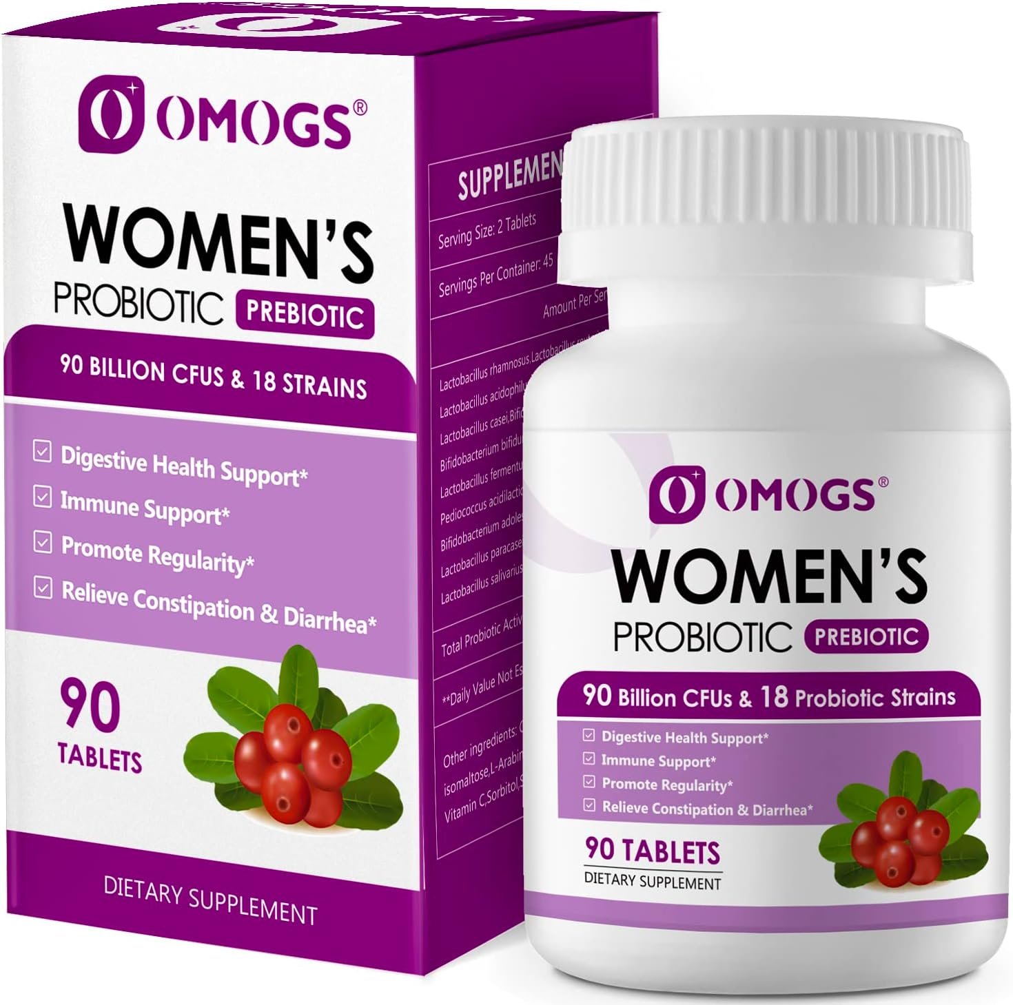 OMOGS Women’s Probiotic, with Cranberry Extract, Organic Prebiotics & Vitamin C, 90 Billion CFUs,18 Strains, Help for Boost Immune, Digestive, Gut Health & Women’s Health, Gluten & Soy Free,90 Tablets