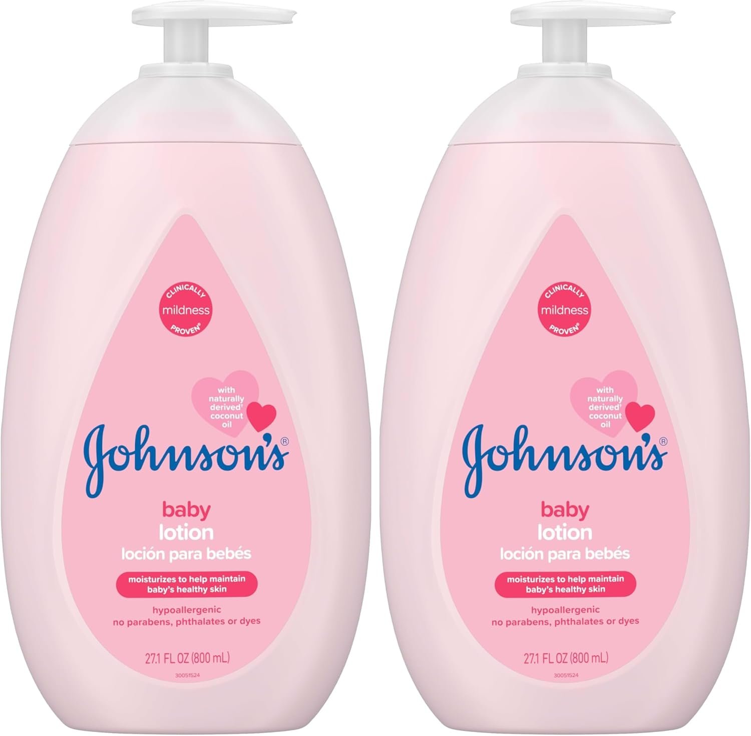 Johnson’s Moisturizing Mild Pink Baby Lotion with Coconut Oil for Delicate Baby Skin, Paraben-, Phthalate- & Dye-Free, Hypoallergenic & Dermatologist-Tested, Baby Skin Care, 27.1 Fl. Oz (Pack of 2)