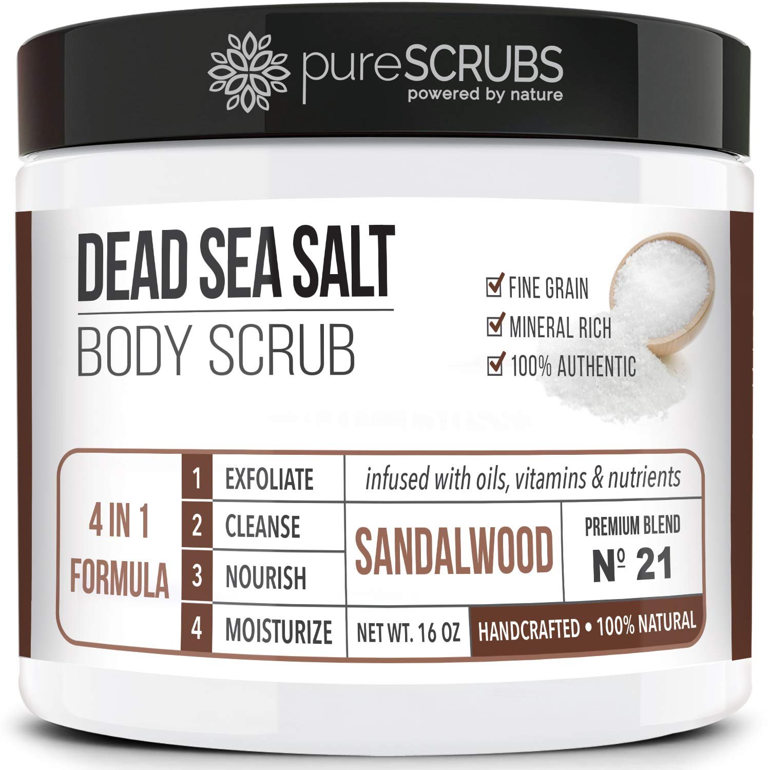 pureSCRUBS Premium Sandalwood Body Scrub Set – Large 16oz Dead Sea Salt Body Scrub With Infused Essential Oils & Nutrients, Includes Wooden Spoon, Loofah & Oatmeal Exfoliating Bar Soap