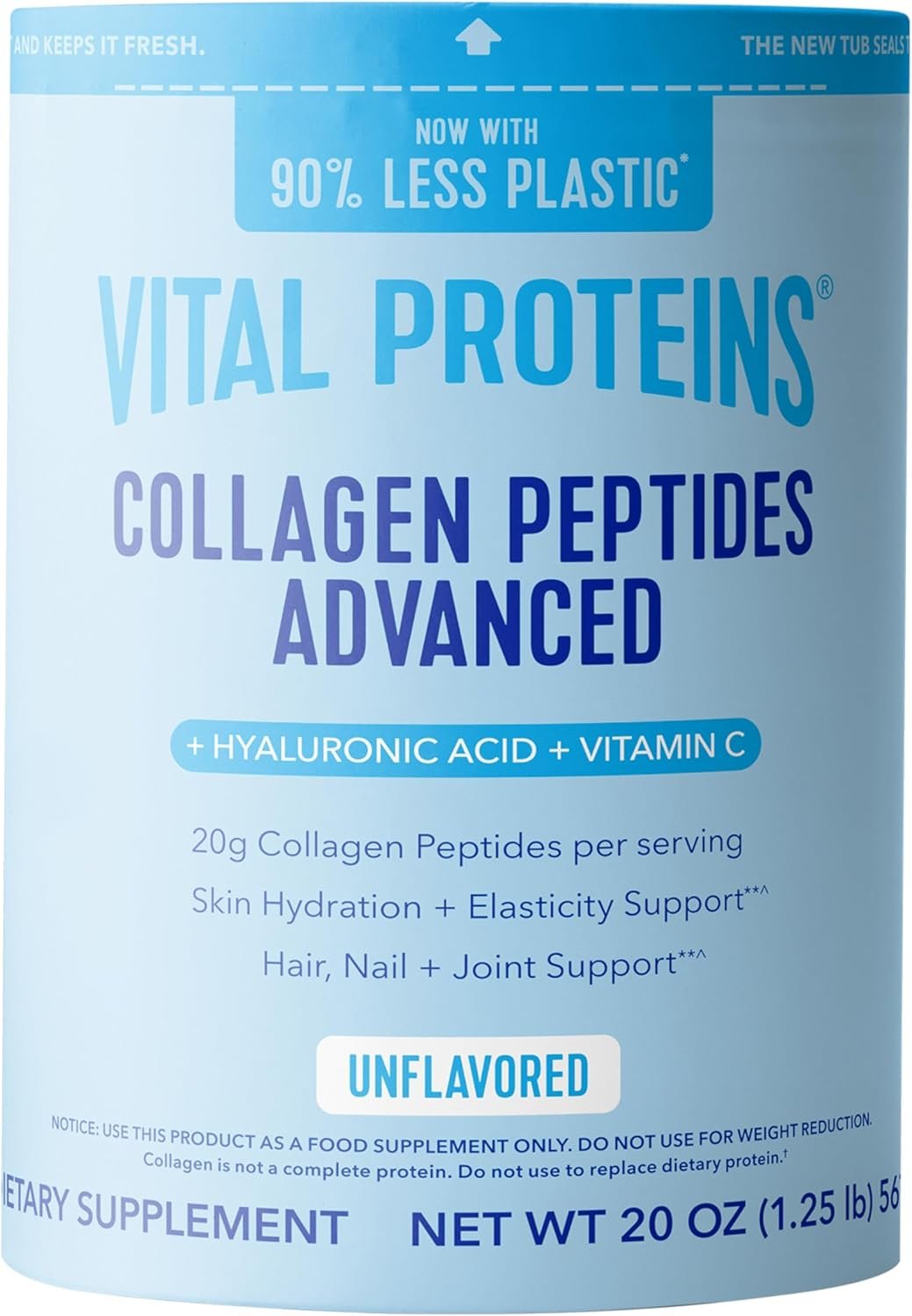 Vital Proteins Collagen Peptides Powder Advanced with Hyaluronic Acid & Vitamin C, 20oz Collagen Protein, Unflavored, 27 Servings