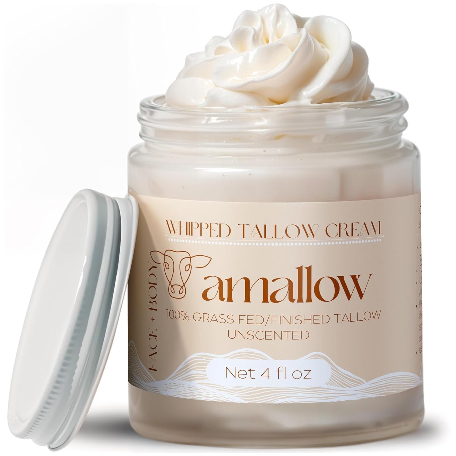 Amallow 100% Grass Fed Beef Tallow for Skin Care – Face + Body – Whipped Moisturizer for Sensitive Skin – Natural Lotion, 4 FL. oz. (Unscented)