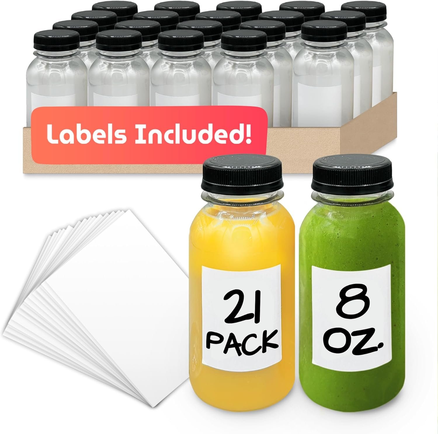 Reli. Plastic Juice Bottles [21 Pack] [8 oz] Round Plastic Juice Bottles with Caps & Sticker Labels | Clear, Empty for Juicing 8oz | Disposable, Reusable Containers for Juicing, Smoothies