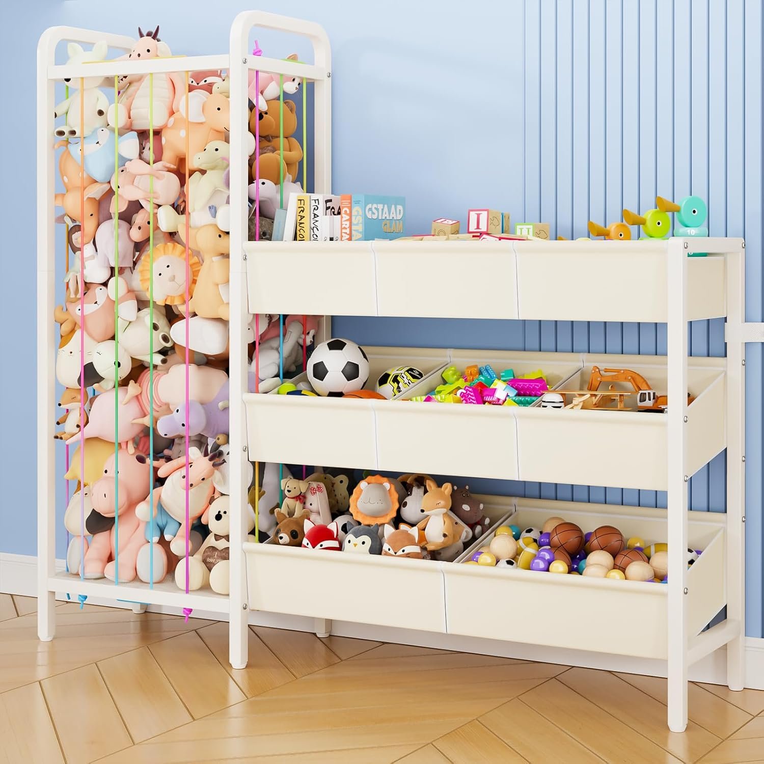 B6 Toy Storage Organizer with Stuffed Animal Storage, 3-Tier Wooden Shelves and 8 Bins, Toy Shelf Organizer, Kids Bookshelf and Toy Storage for Kids Room, Bedroom, Playroom, Nursery, White