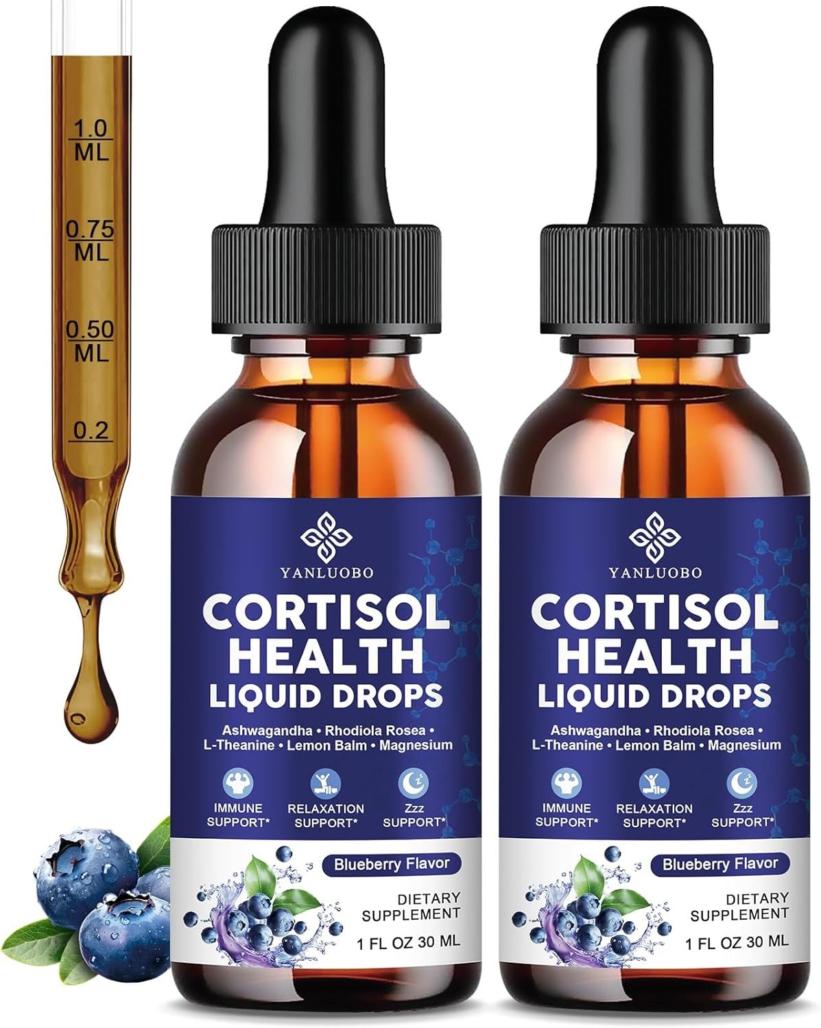 Cortisol Supplements for Women – Cortisol Manager Liquid Drops with Magnesium, Ashwagandha & Rhodiola rosea, L-theanine – Promotes Relaxation & Better Sleep, Mood, Blueberry Flavors, 1FL.OZ(2PC)