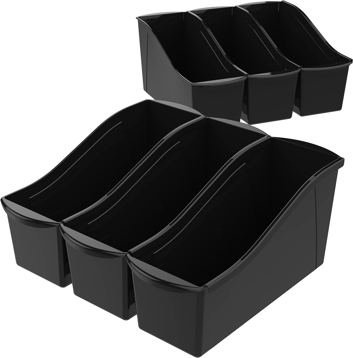 Storex Large Book Bin – Interlocking Plastic Organizer for Home, Office, and Work Space – Black, 6-Pack (70109C06C)
