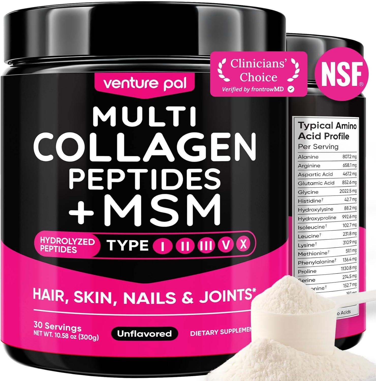Venture Pal Multi Collagen Powder Type I, II, III, V, X – Hydrolyzed Collagen Peptides MSM, GC, Hyaluronic Acid Vitamin C | Collagen Supplement for Women | Joint, Hair, Skin & Nail Support | Non-GMO