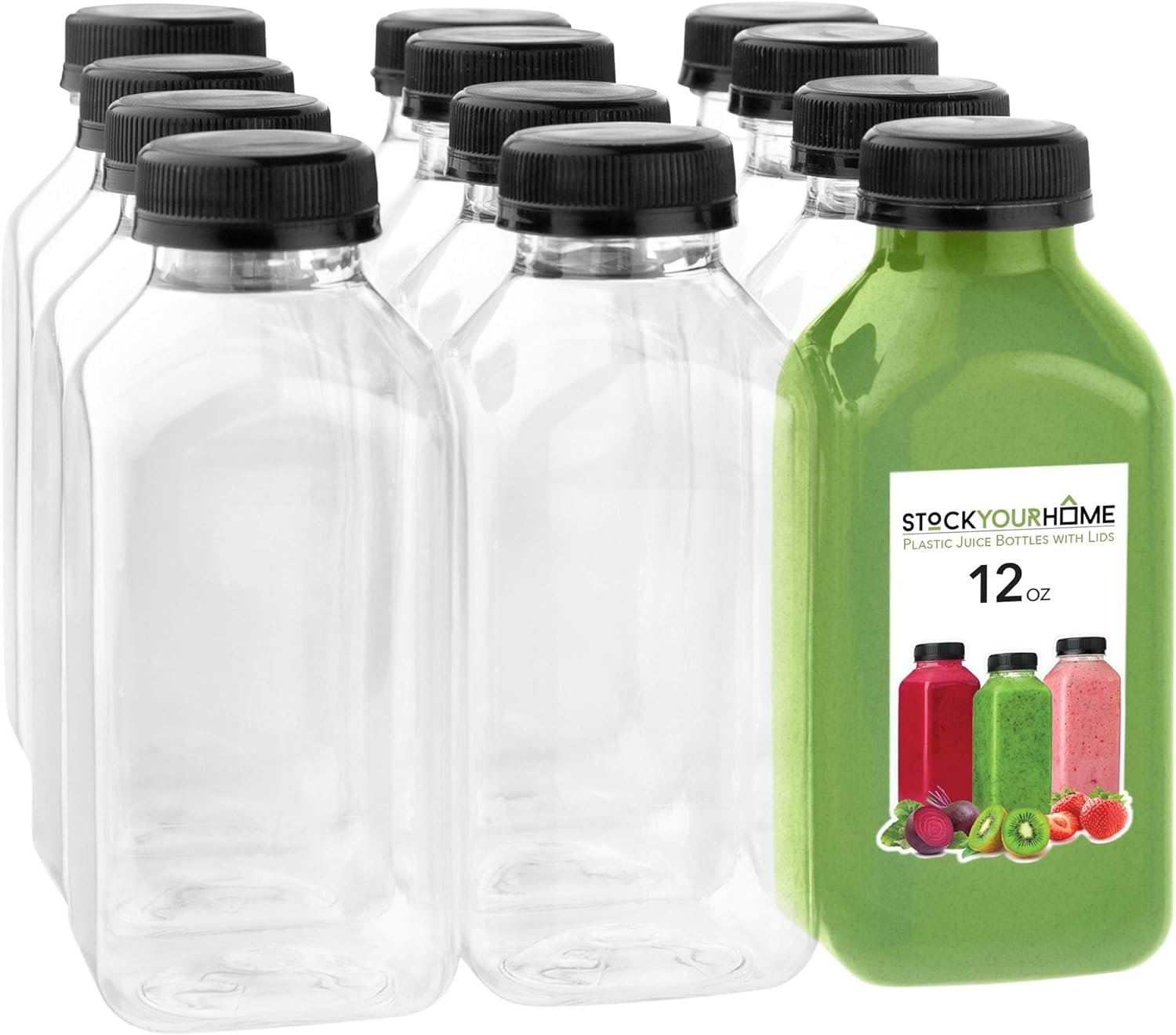 12 oz Juice Bottles with Caps for Juicing (12 pack) – Reusable Clear Empty Plastic Water Bottles – Drink Containers for Mini Fridge, Juicer Shots Includes Labels, Brush & Funnel