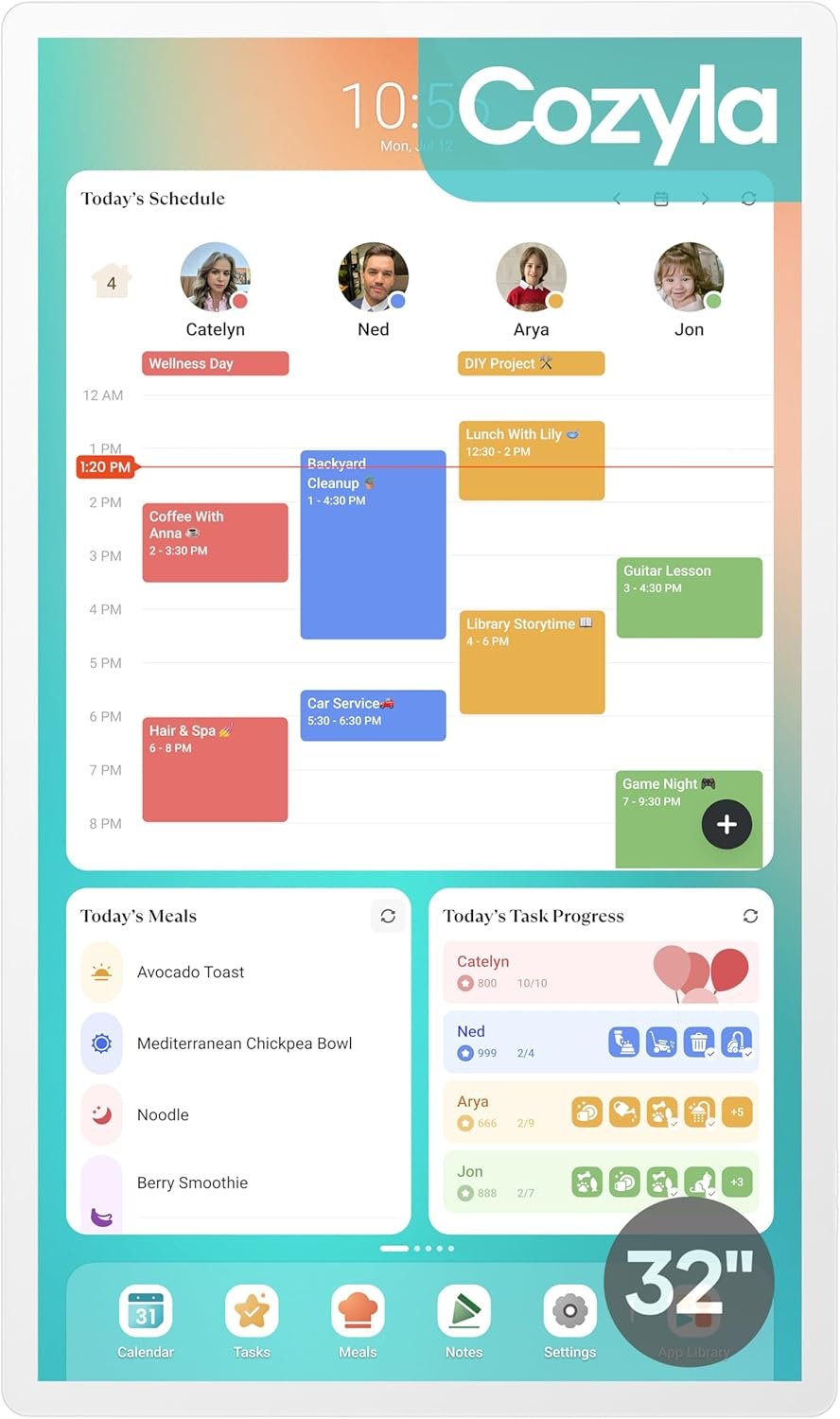 Cozyla Mate Digital Calendar+ 2: 32 Inch Wall Touch Screen Chore Chart Customizable Dashboard Smart Electronic Calendar for Family Schedules Meal Planner Supports All Google Play Apps Wall Mount White