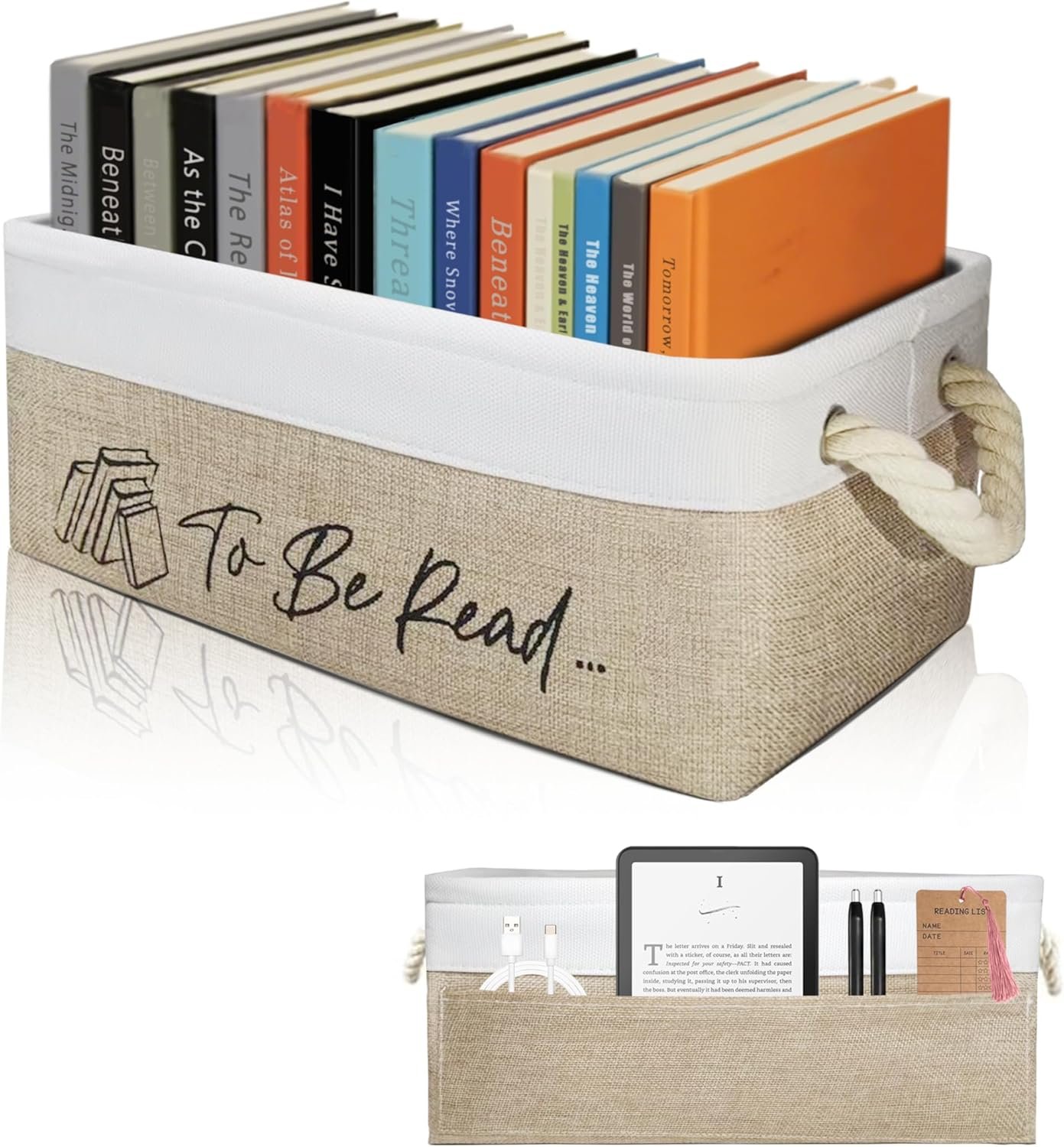 Book Lovers Gifts TBR Book Storage Basket with Back Side Pocket to Be Read List Storage Bin Reading Accessories for Club Members & Librarians Bookish Gifts (White and Brown)