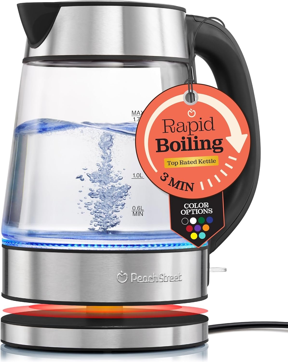 Speed-Boil Electric Kettle For Coffee & Tea – 1.7L Water Boiler 1500W, Borosilicate Glass, Easy Clean Wide Opening, Auto Shut-Off, Cool Touch Handle, LED Light. 360° Rotation, Boil Dry Protection