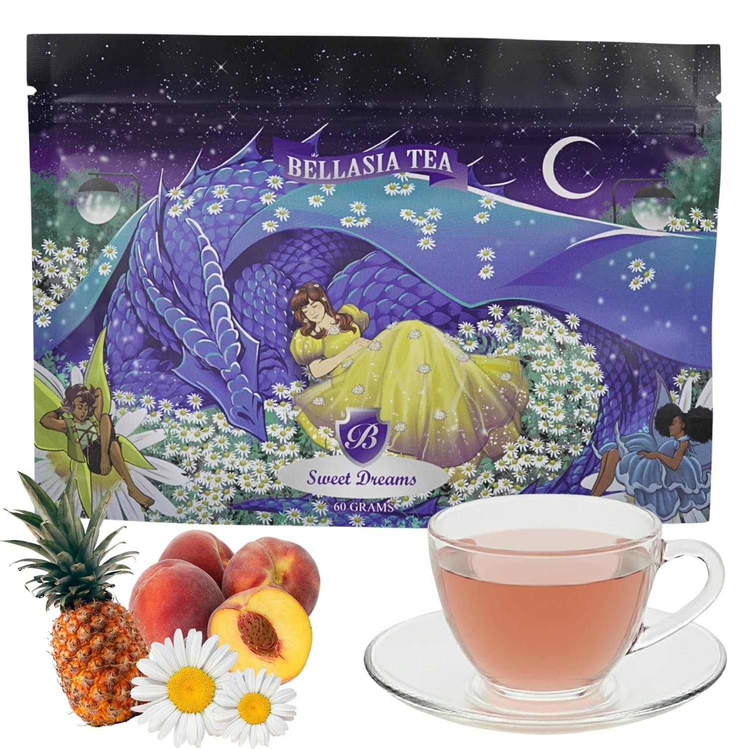 Bellasia Tea Sweet Dreams Cozy Kids Sleepy Time Tea– Relaxing Chamomile Herbal Blend with Real Peach & Pineapple Pieces- Soothing, Caffeine-Free Herbal Tea for Children – Promotes Calm Bedtime Routine