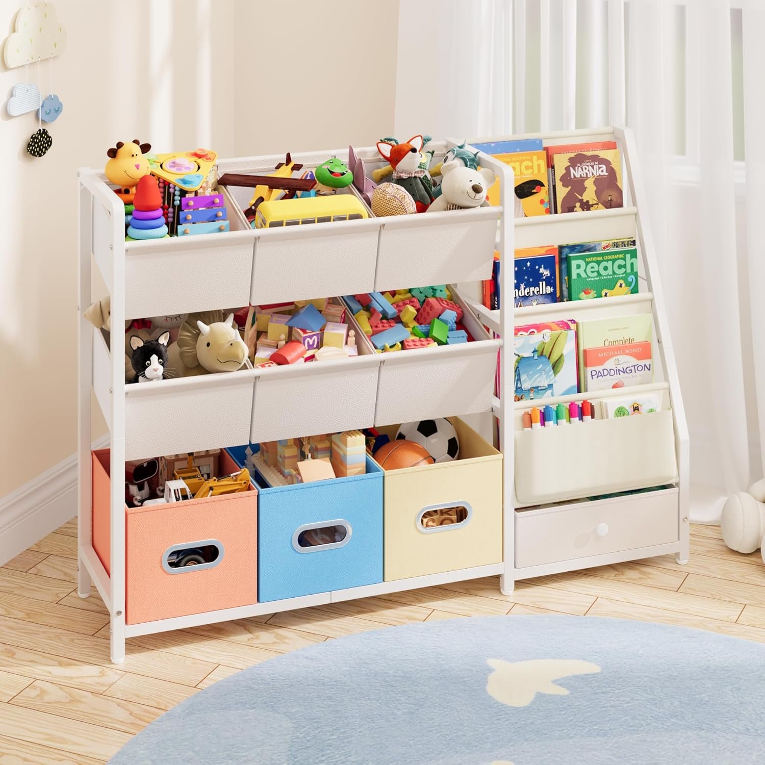 Toy Storage Organizer – Kids Bookshelf and Toy Storage with 3 Book Shelf and 10 Storage Bins, Montessori Playroom Storage for Toddler, Baby, Book Shelf for Kids Rooms