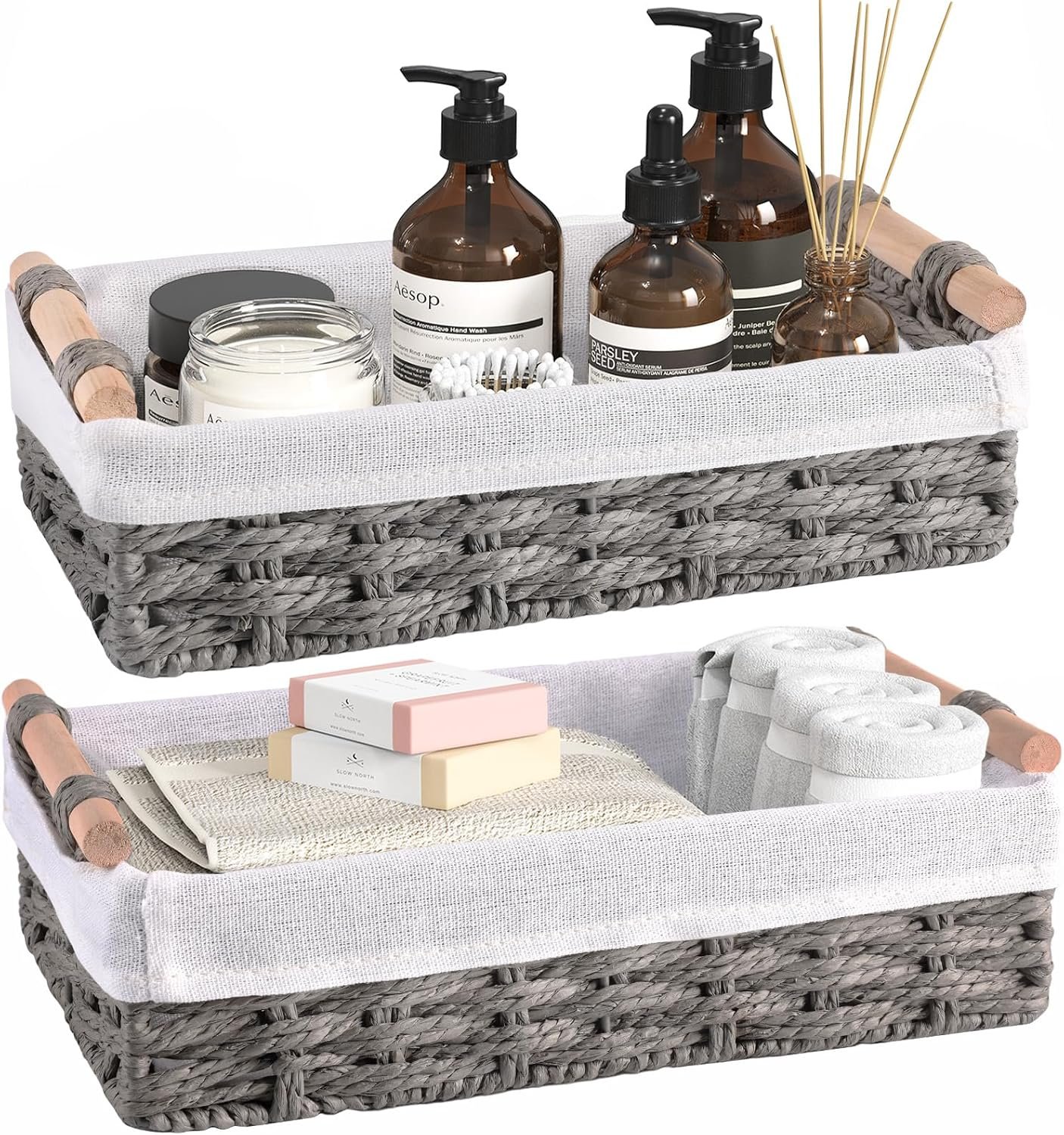 HomeHacks 2 Pack Storage Basket Paper Rope Baskets for Organizing with Handle Decorative Storage Bins for Countertop Toilet Paper Basket for Toilet Tank Top Small Baskets, Grey