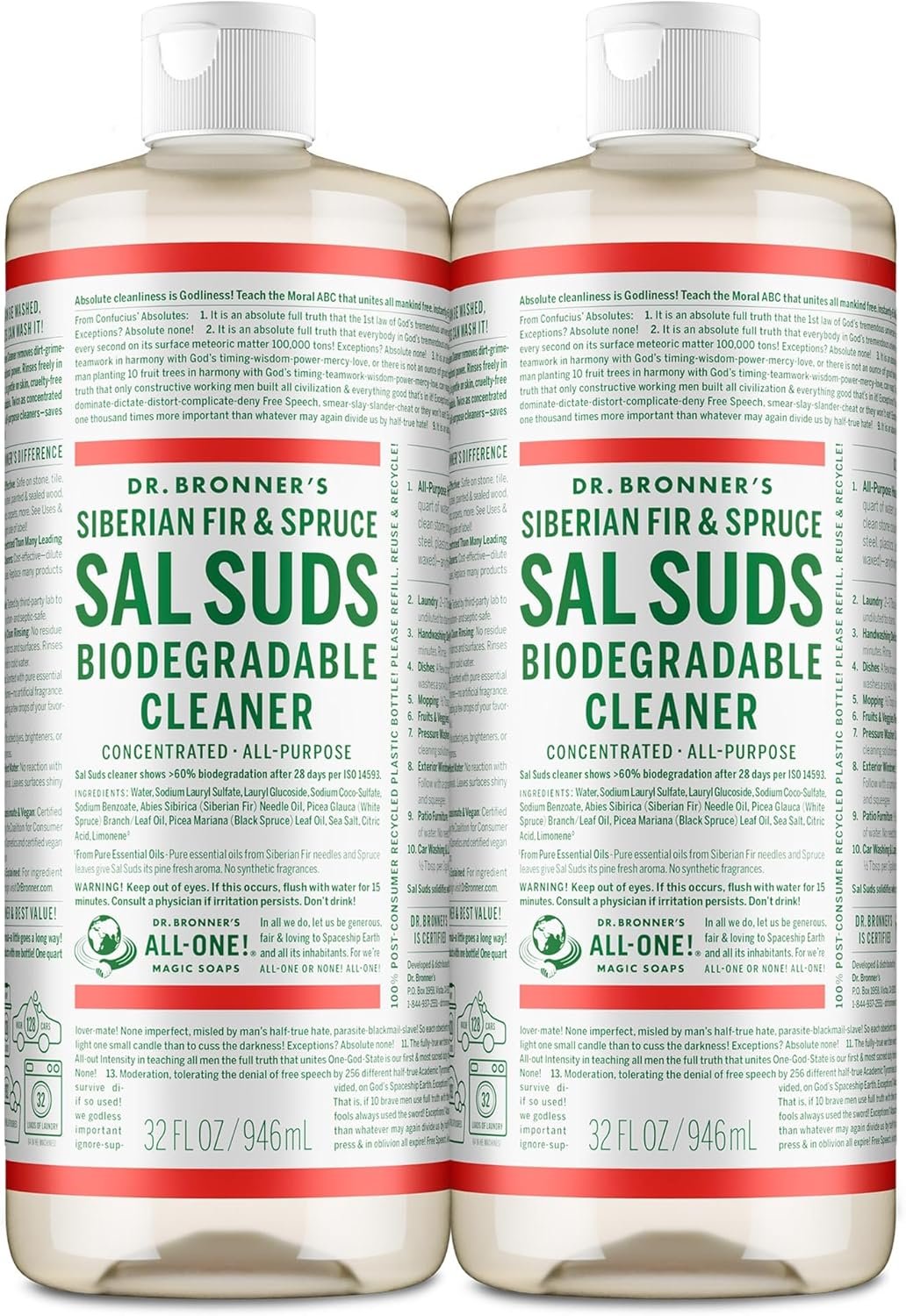 Dr. Bronner’s – Sal Suds Biodegradable Cleaner (32oz, 2-Pack) – Concentrated All Purpose Cleaning Solution & Mop Soap, For Floors, Laundry & Dishes – Powerful Formula Made with Plant-Based Surfactants