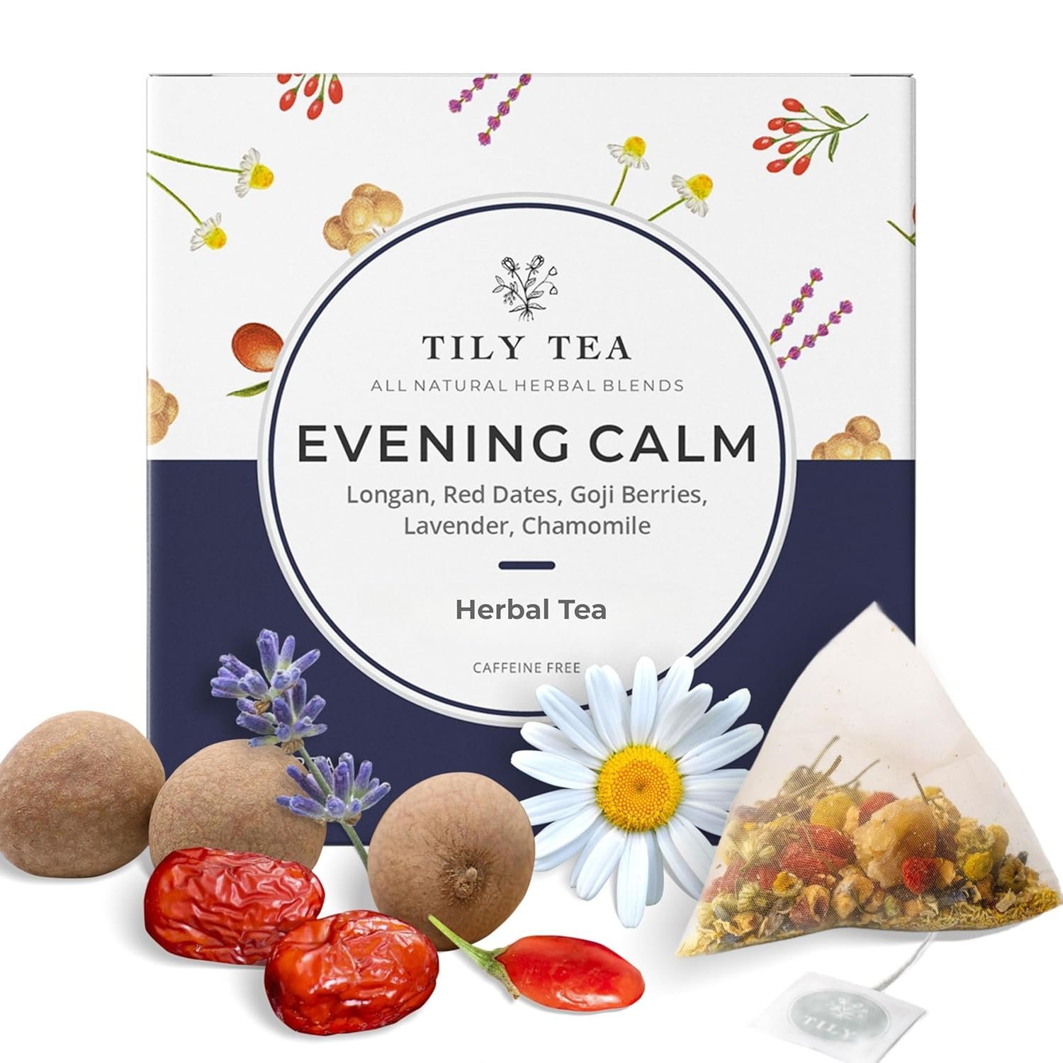 Tily Tea Evening Calm Herbal Tea – Nighttime Tea with Chamomile and Lavender – Caffeine Free – 10 Plastic-Free Teabags