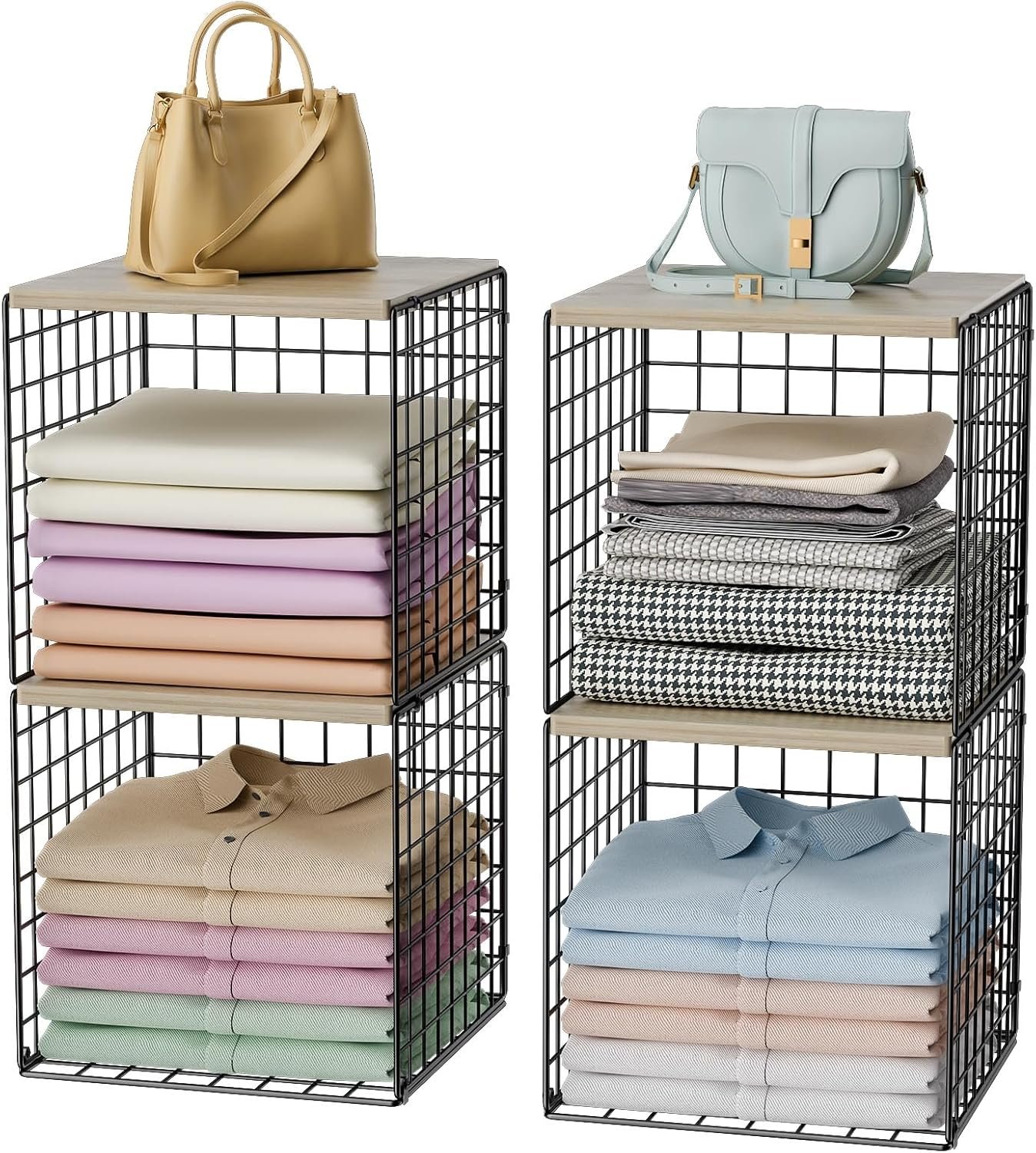 4-Tier Stackable Closet Organizers and Storage, Dual-Layer Reinforced Clothing Cube Shelves with Wood Tops, Sturdy Clothes Storage Bins & Shelf Basket for Wardrobe, Closet Organizer System