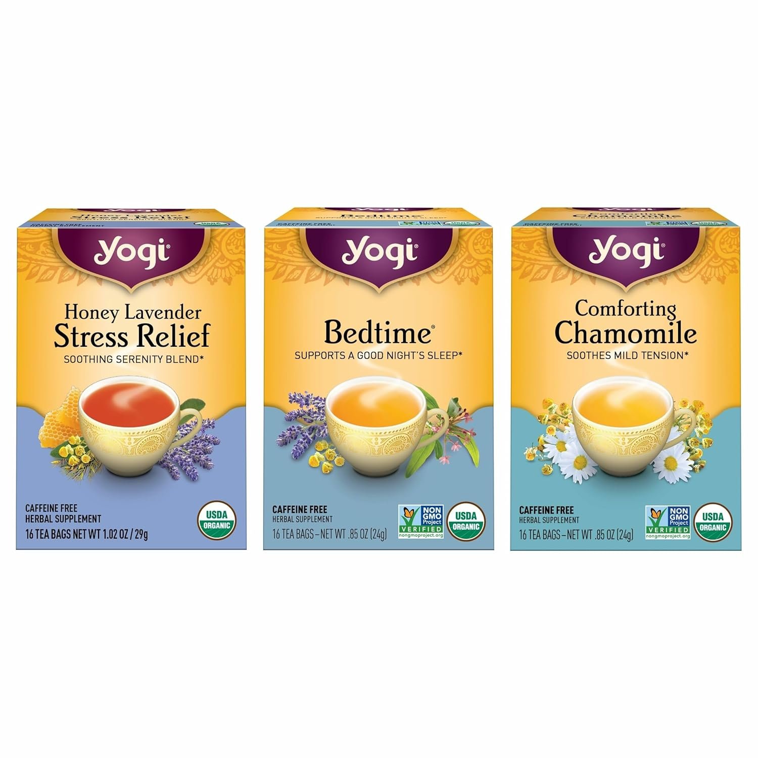 Yogi Tea Relaxation & Stress Relief Variety Pack – 16 Tea Bags per Pack (3 Packs) – Relaxing Tea Sampler – Includes Honey Lavender Stress Relief, Bedtime Tea & Comforting Chamomile
