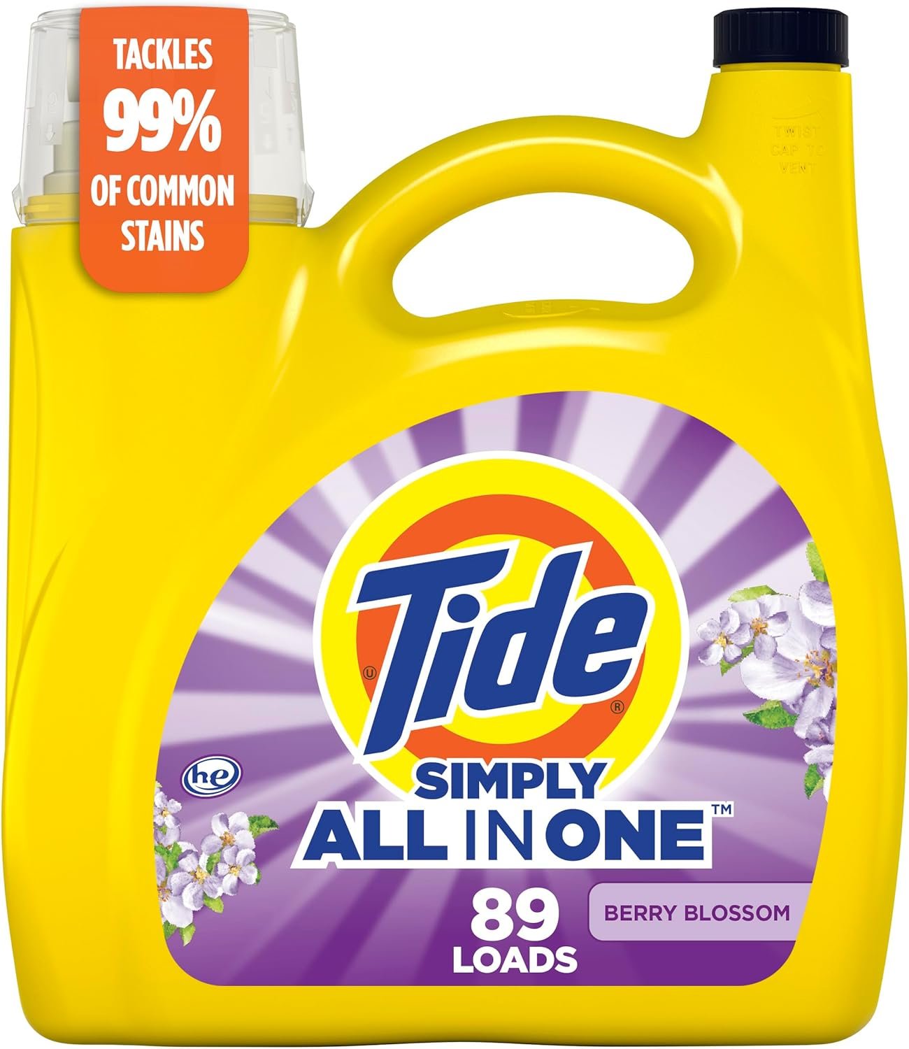 Tide Simply All-In-One Liquid Laundry Detergent, Berry Blossom Scent, 89 Loads, 117 fl oz