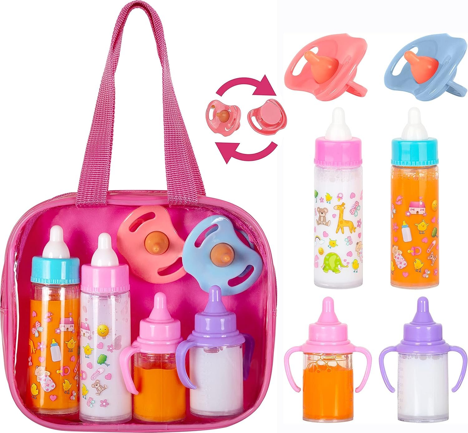 fash n kolor® My Sweet Baby Disappearing Doll Feeding Set, Baby Care 6 Piece Doll Feeding Set – for Toy Stroller | 2 Milk & Juice Bottles with 2 Toy Pacifier for Baby Dolls – Kids Gift Set