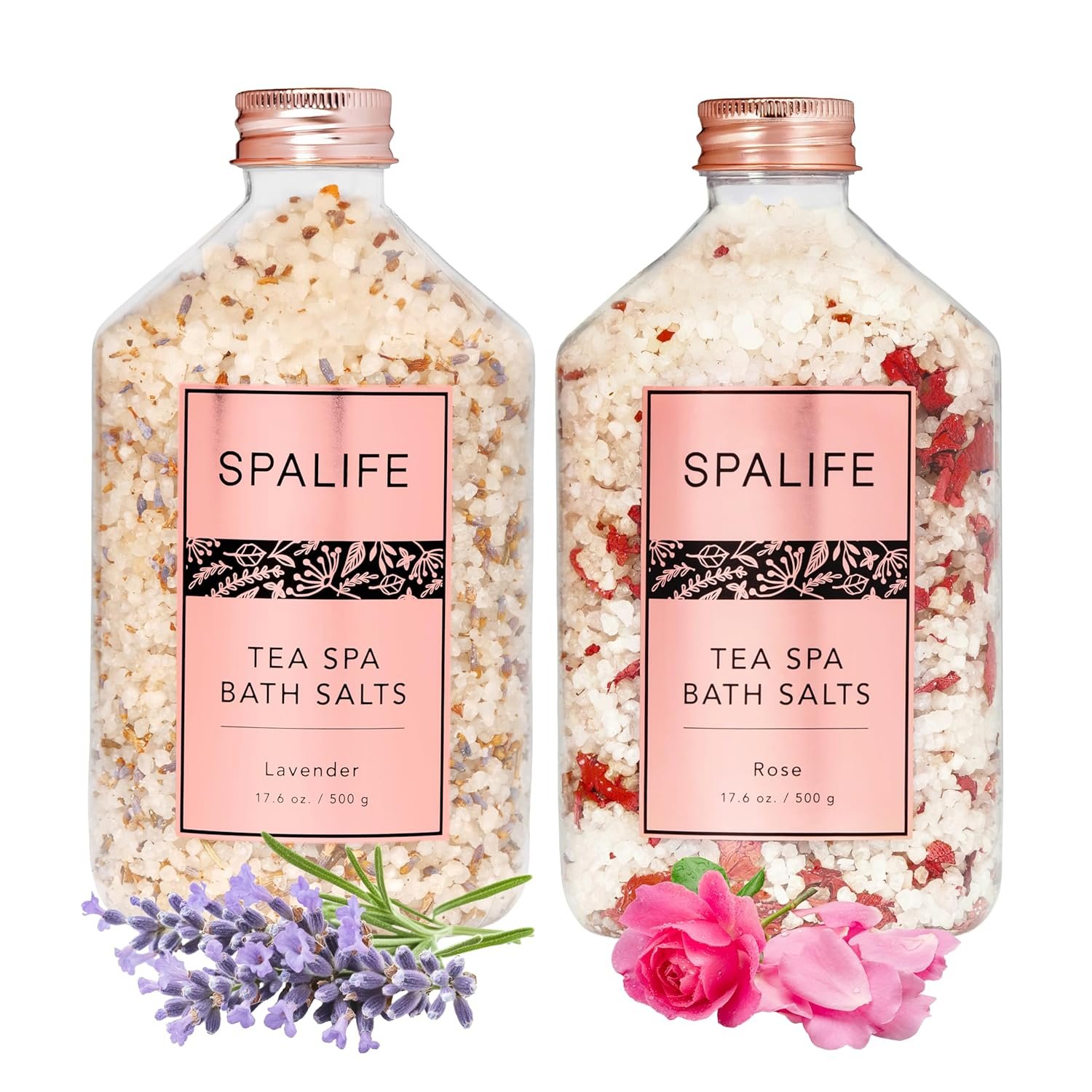 SpaLife Tea Spa Petal-Infused Effervescent Mineral Bath Salts – Lavender & Rose, 2-Pack 17.6 oz. ea for Relaxing Aromatherapy and Soothing Soaks