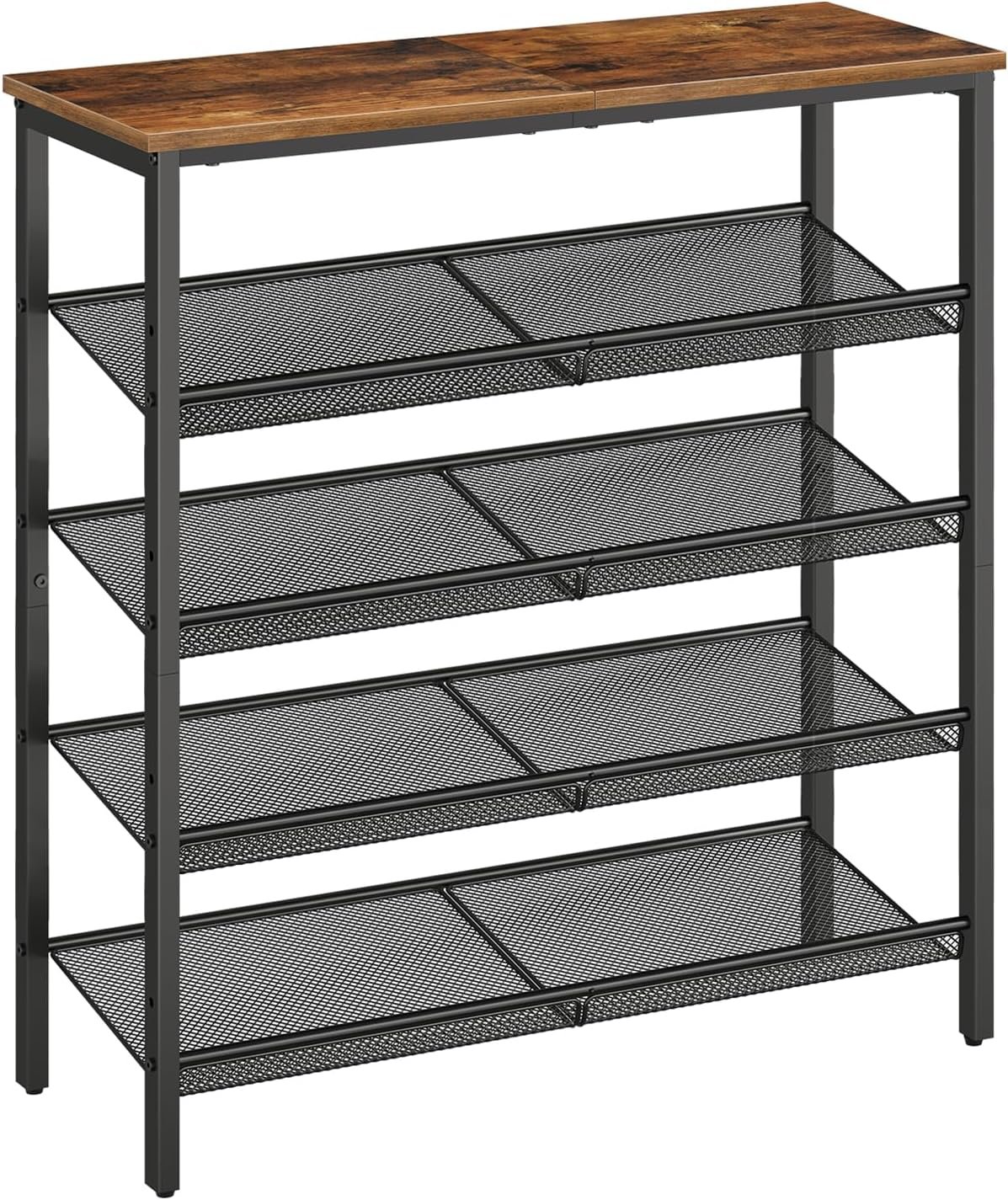 HOOBRO Shoe Rack for Entryway, 5-Tier Shoe Organizer with Adjustable Mesh Shelves, 16-20 Pairs of Shoes, Spacious Floor Mount, Metal, Industrial, Shoe Shelf for Closet, Rustic Brown BF12XJ01
