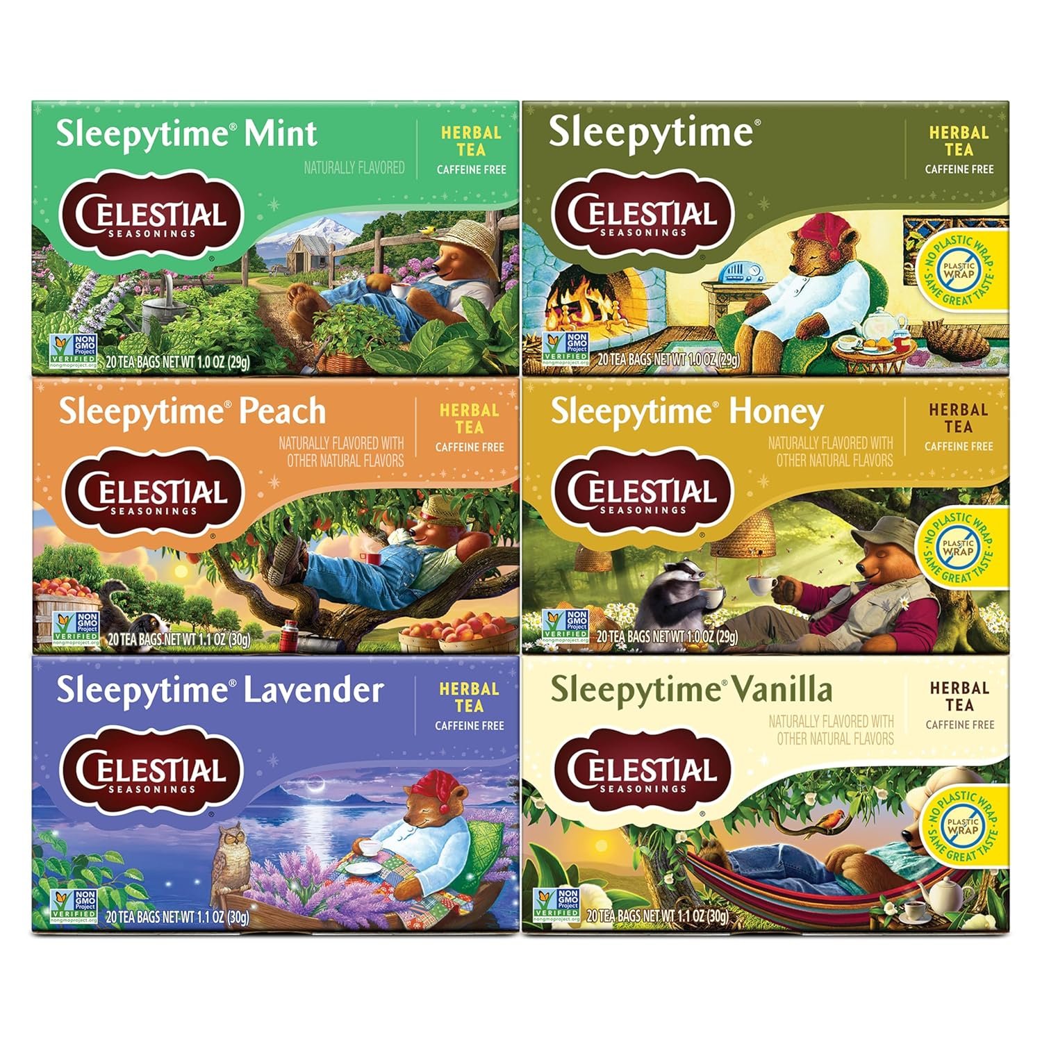 Celestial Seasonings Sleepytime Herbal Tea, Variety Pack – Caffeine Free Sleep Tea, 20 Tea Bags Per Box (Pack of 6)