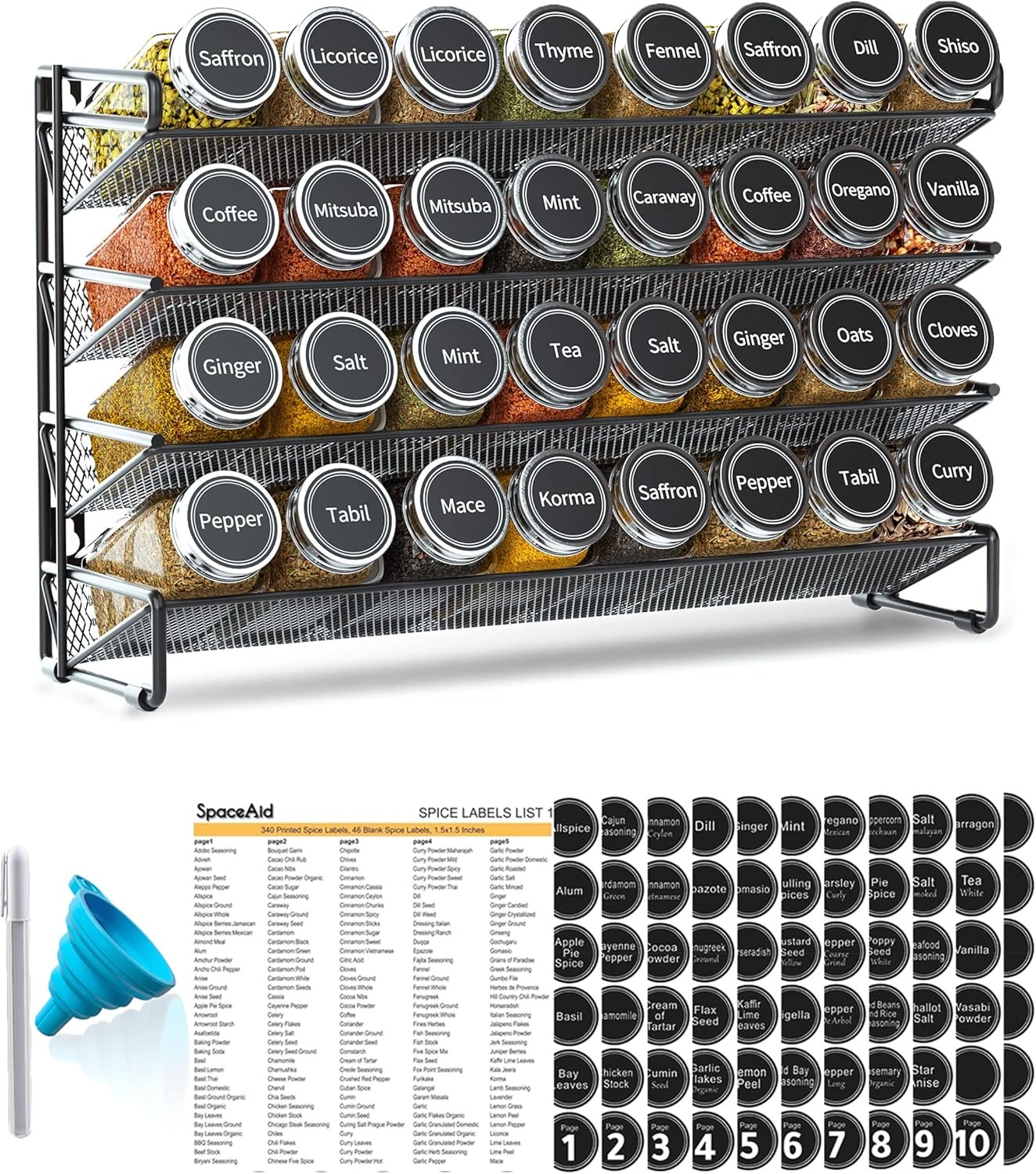 SpaceAid Spice Rack Organizer with 32 Spice Jars, 386 Spice Labels, Chalk Marker and Funnel Set for Cabinet, Countertop, Pantry, Cupboard or Door & Wall Mount – 32 Jars, 15.3″ W × 10.8″ H, Black
