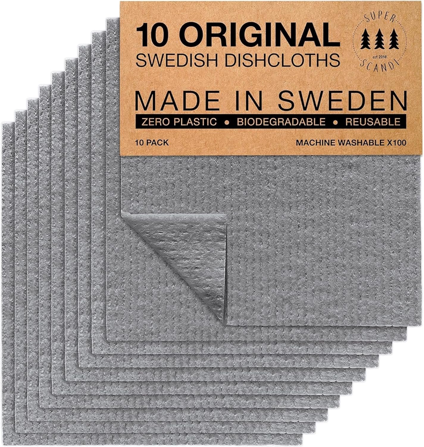 SUPERSCANDI 10 Pack Swedish Dishcloths for Kitchen – 100% Biodegradable & Compostable Reusable Paper Towels Washable, Food-Safe & Without Plastic – Dish Rags Suitable for Any Surface, Grey