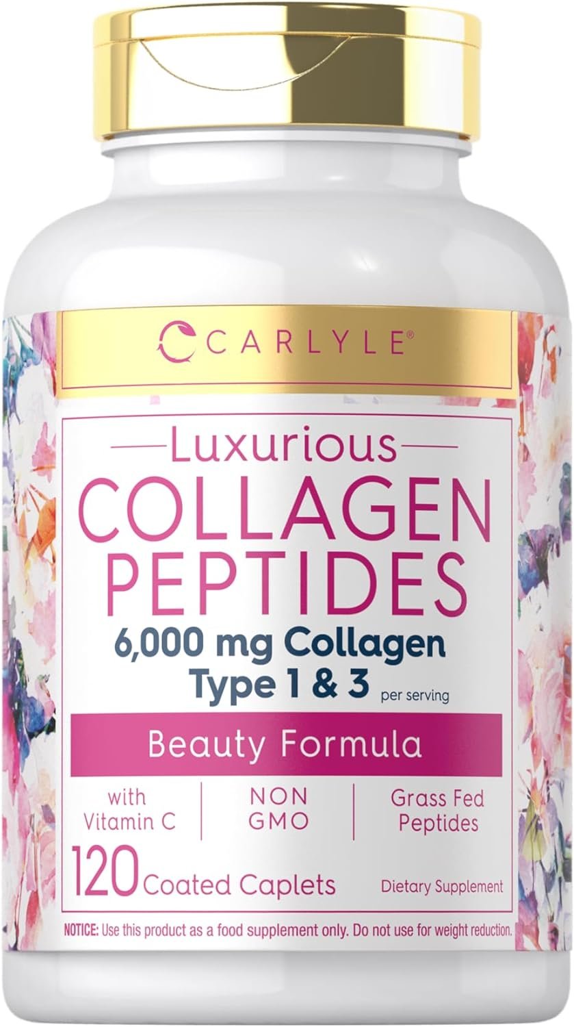 Carlyle Collagen Peptides with Vitamin C | 6000mg | 120 Caplets | Grass Fed Type II & III | Beauty Formula | Non-GMO, Gluten Free Supplement