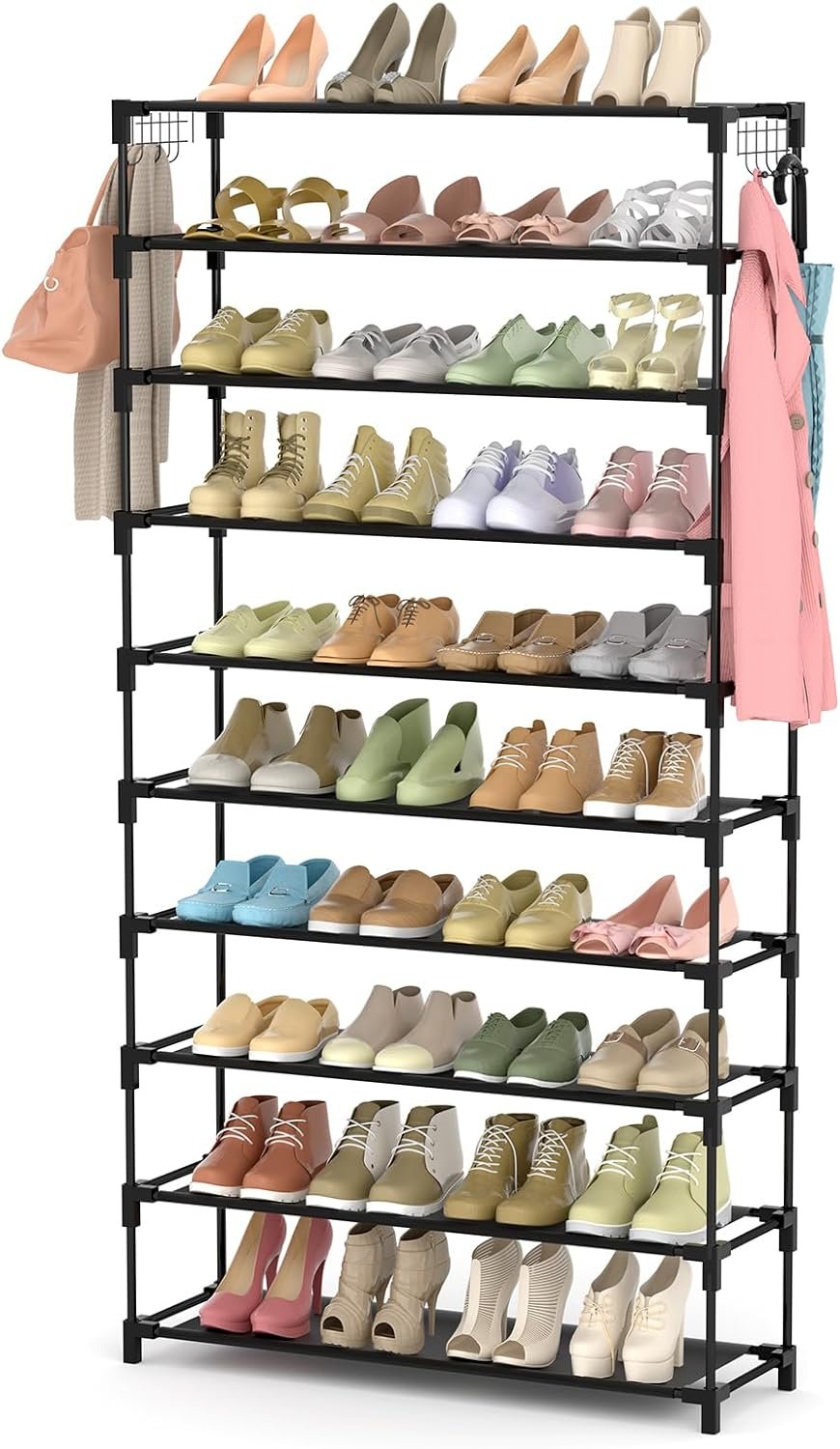 10 Tiers Shoe Rack 50 Pairs Large Capacity Tall Shoe Organizer Sturdy Shoe Storage with Two Hooks Space Saving Metal Wide Shoe Rack for Closet, Entryway, Bedroom, Black