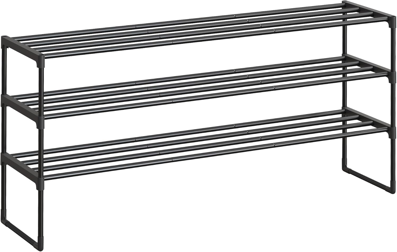 SONGMICS Shoe Rack, 3-Tier Shoe Organizer, Metal Storage Shelf, Upright or Upside Down, for 20-24 Pairs, Stackable, for Entryway, 11.8 x 46.1 x 21.7 Inches, Black ULSA033B01